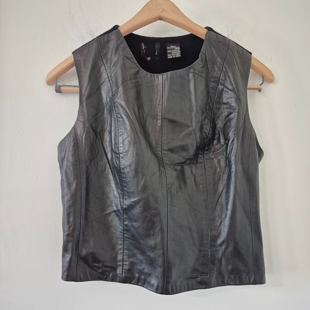 Vintage Black Leather Knit Vest Top Women M 100% Leather Wool Mixed Media Biker